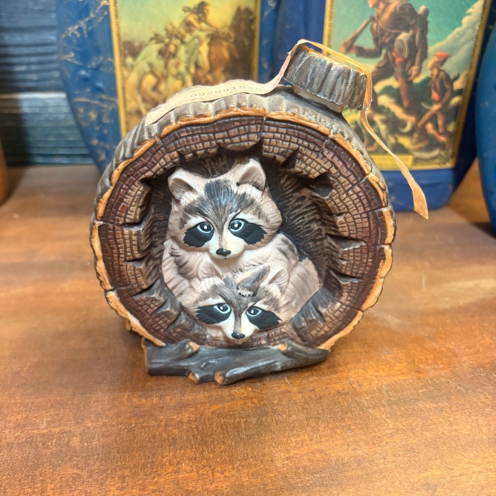Vintage W.A. Lacey Raccoons in Log Ceramic Bourbon Whiskey Decanter Limited Ed